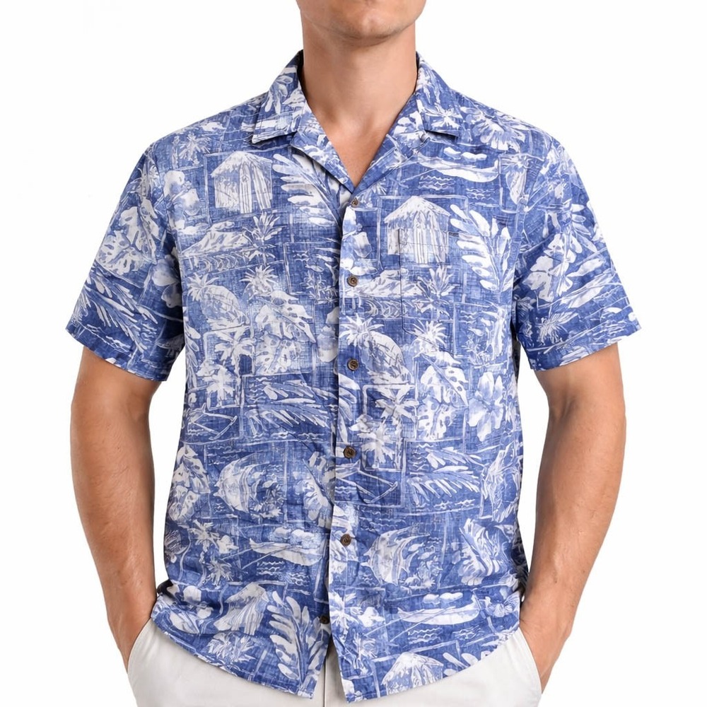 RJC Hawaiian Aloha Shirt XL Reverse Print Fish Pineapples Outrigger Boats Blue